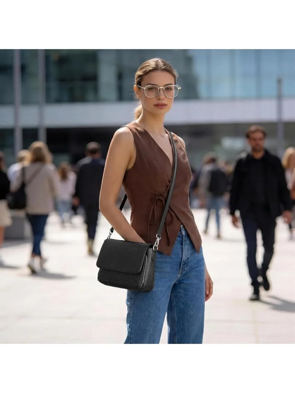 Women's Black Genuine Leather Medium Purse Wallet Travel Crossbody Bag